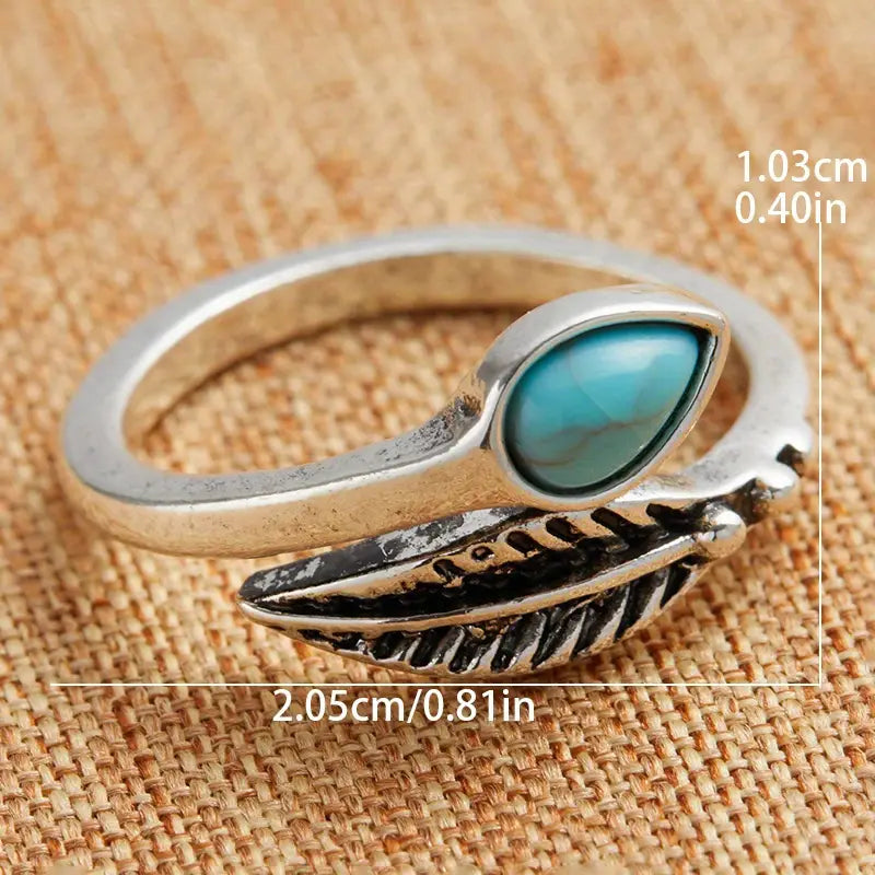 Vintage Boho Turquoise Leaf Adjustable Ring
