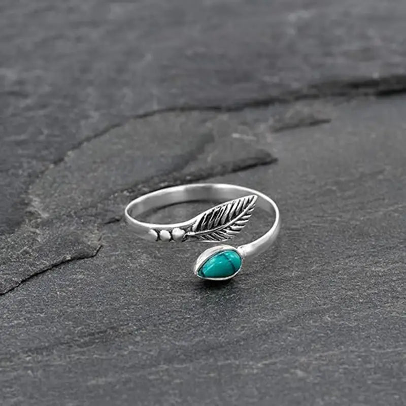 Vintage Boho Turquoise Leaf Adjustable Ring