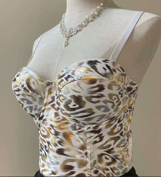 Leopard Leather Bustier Gold Corset Bra Top