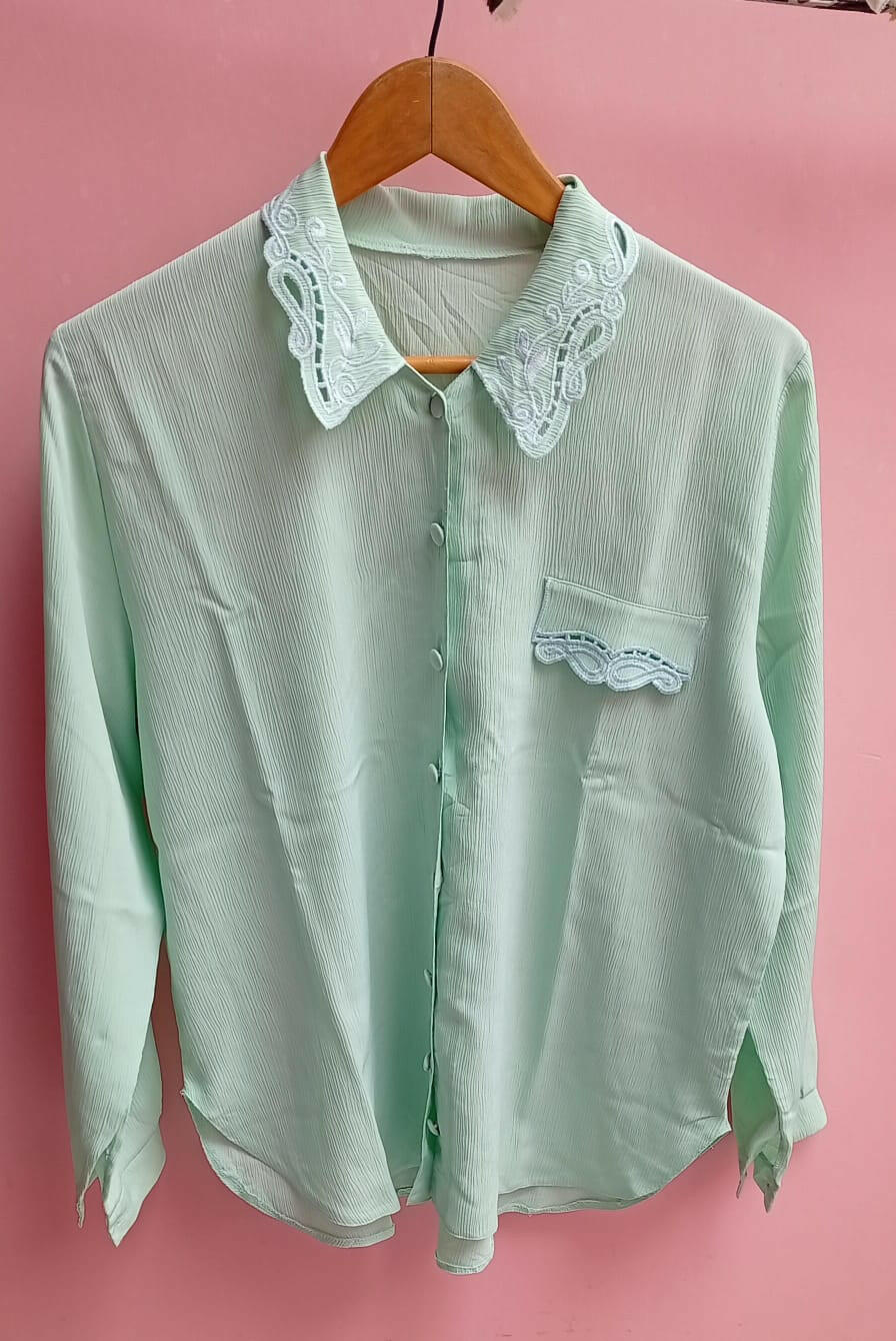 Mint Green Button-Down Shirt with Embroidered Lace Collar | Leftover Tops
