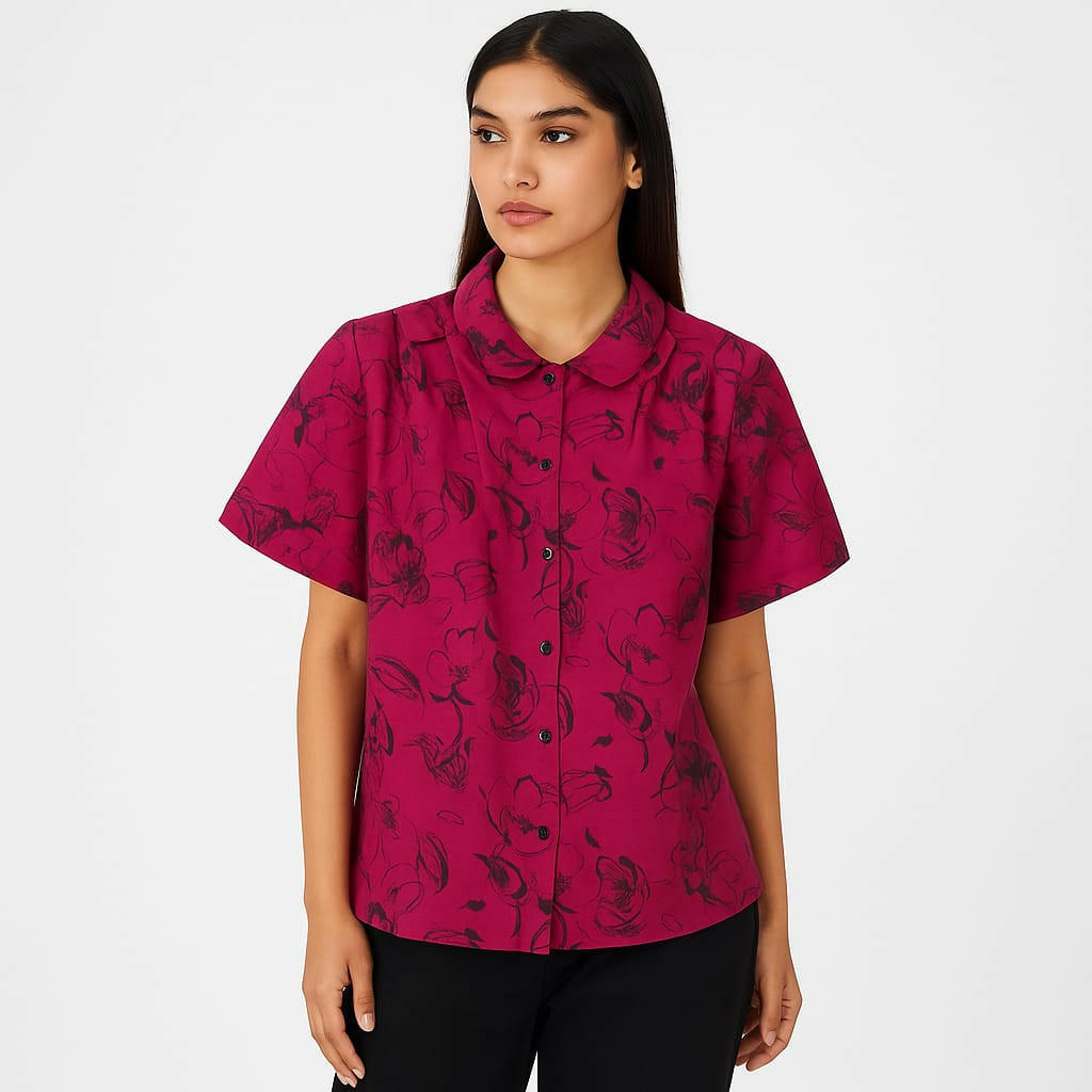 Stylish Magenta Floral Print Short Sleeve Shirt for Women | Leftover Tops