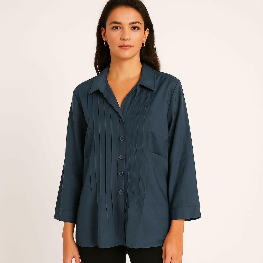 Elegant Pleated Button-Down Shirt – Navy Blue