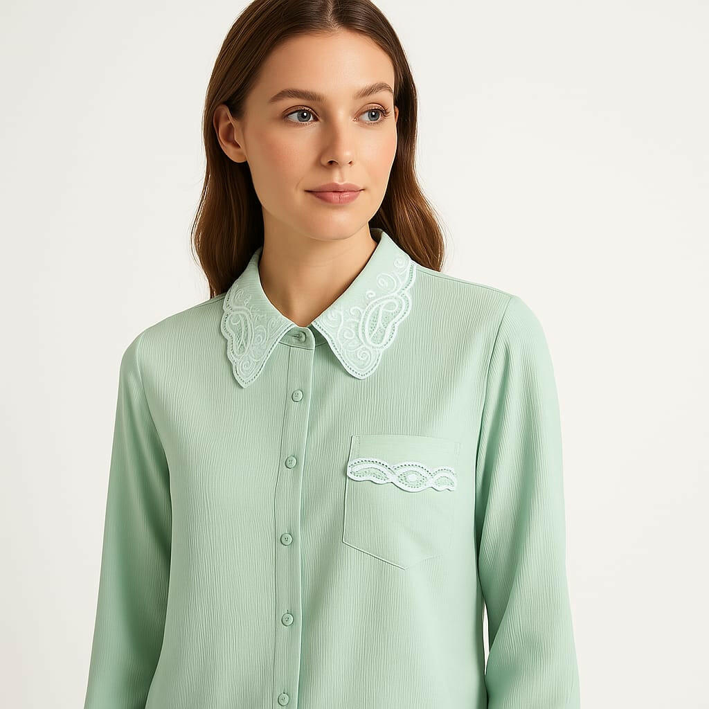 Mint Green Button-Down Shirt with Embroidered Lace Collar | Leftover Tops