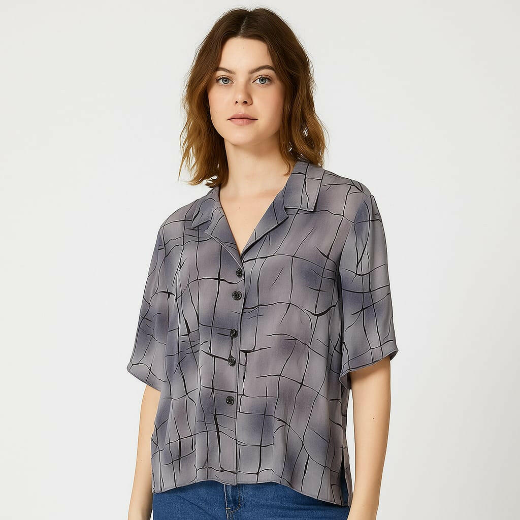 Elegant Grey Abstract Print Button-Down Shirt for Women