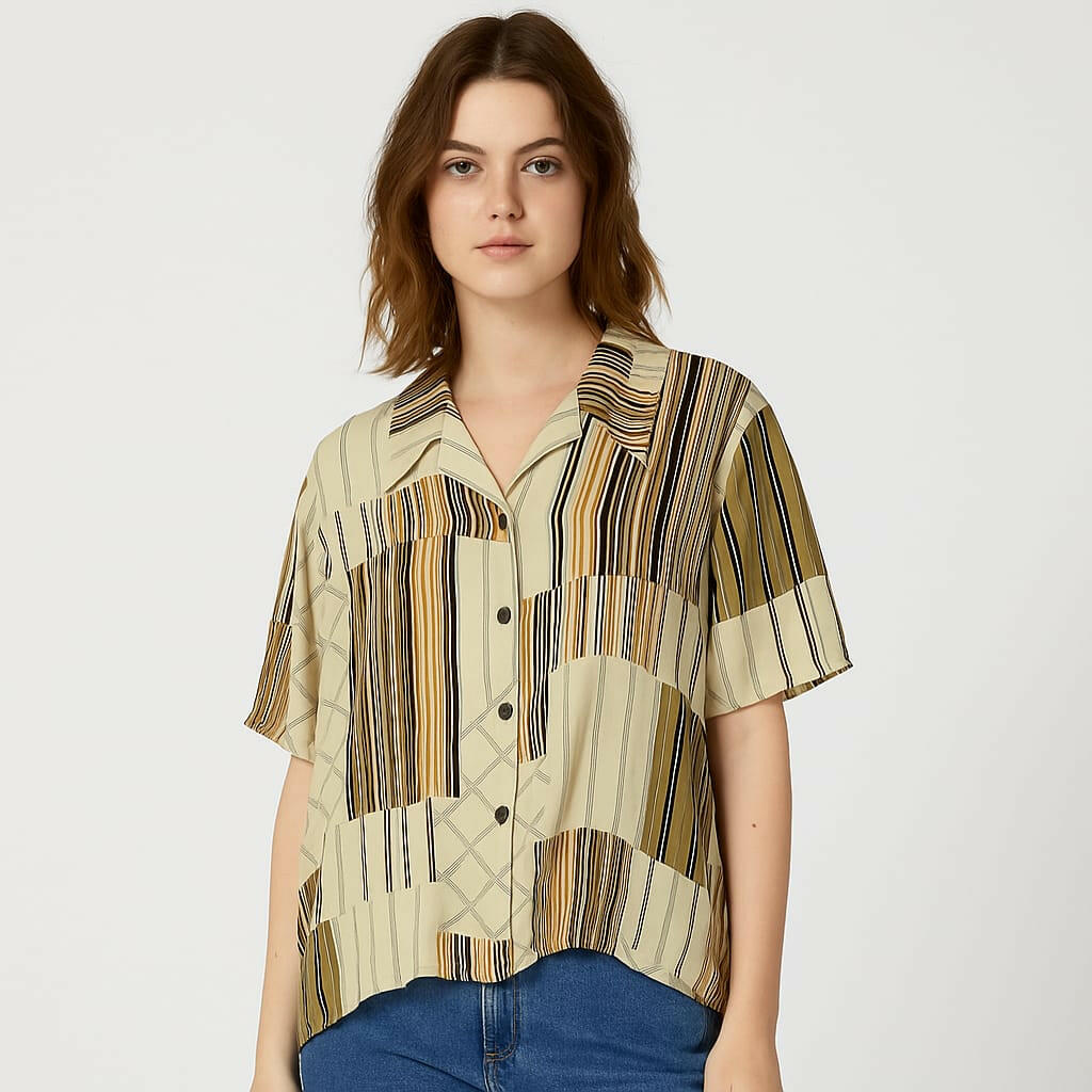 Ladies Casual Striped Patchwork Shirt – Relaxed Fit, Short Sleeve