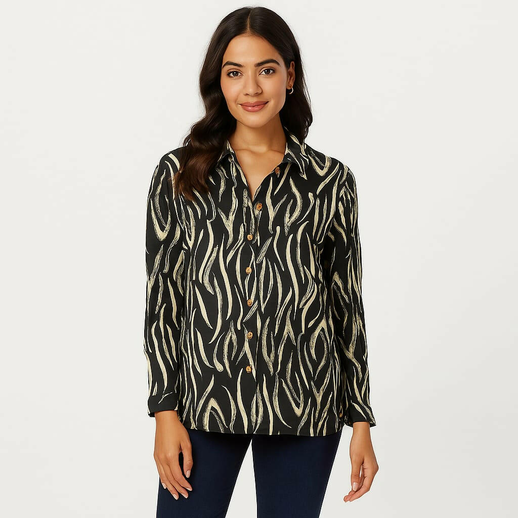Ladies Black Abstract Printed Shirt – Long Sleeve, Button Down