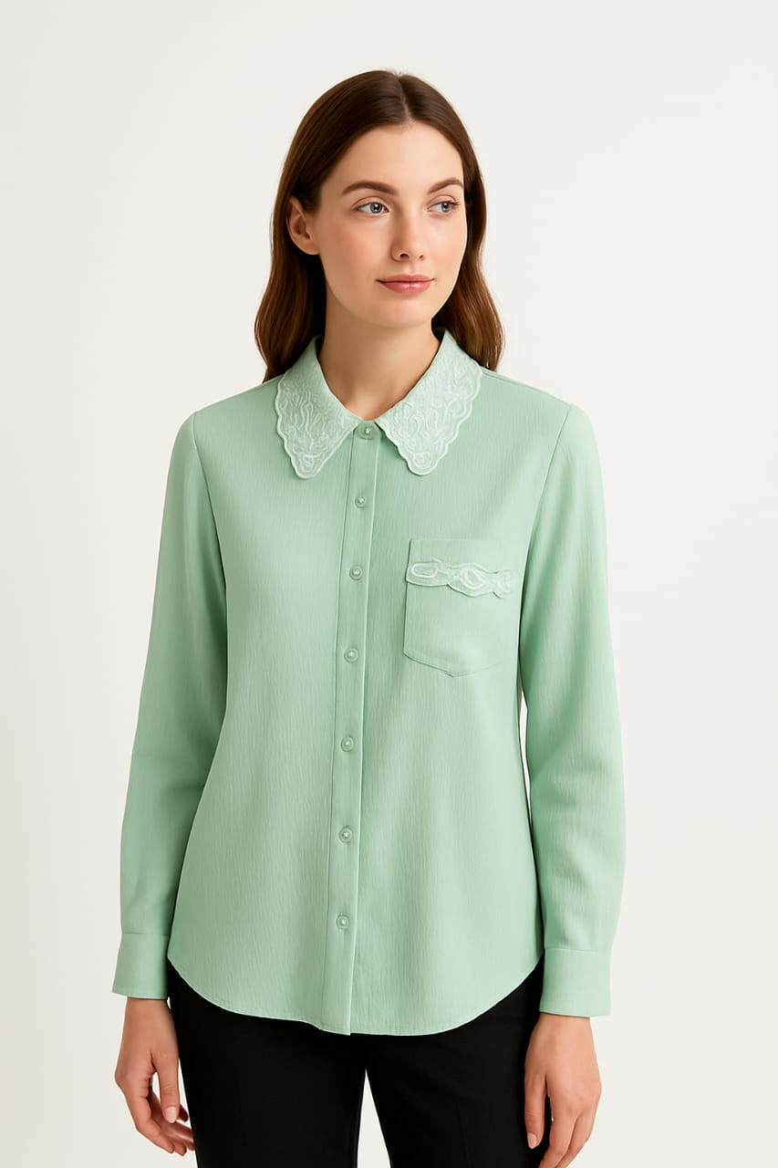 Mint Green Button-Down Shirt with Embroidered Lace Collar | Leftover Tops
