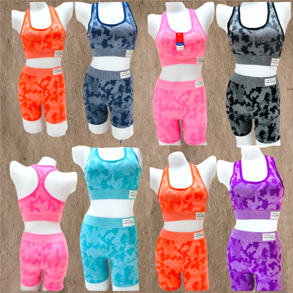 Seamless Camo Workout Set for Women – Sports Bra & High Waist Gym Shorts