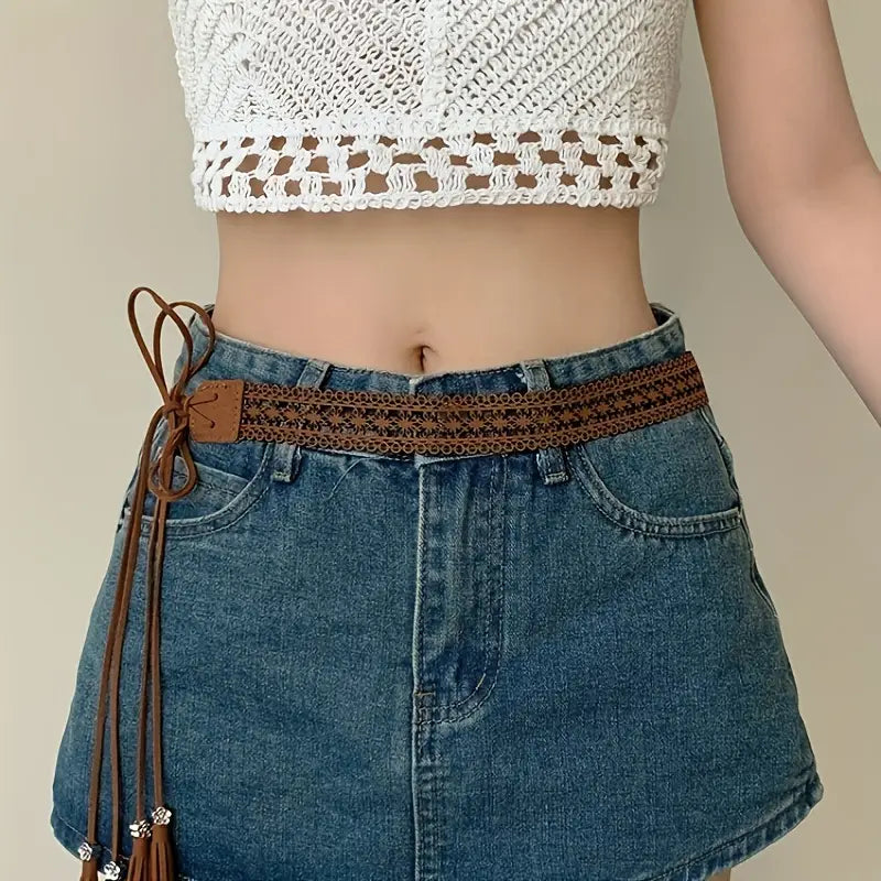 Bohemian Style Crochet Belt with Tassel and Lace Details