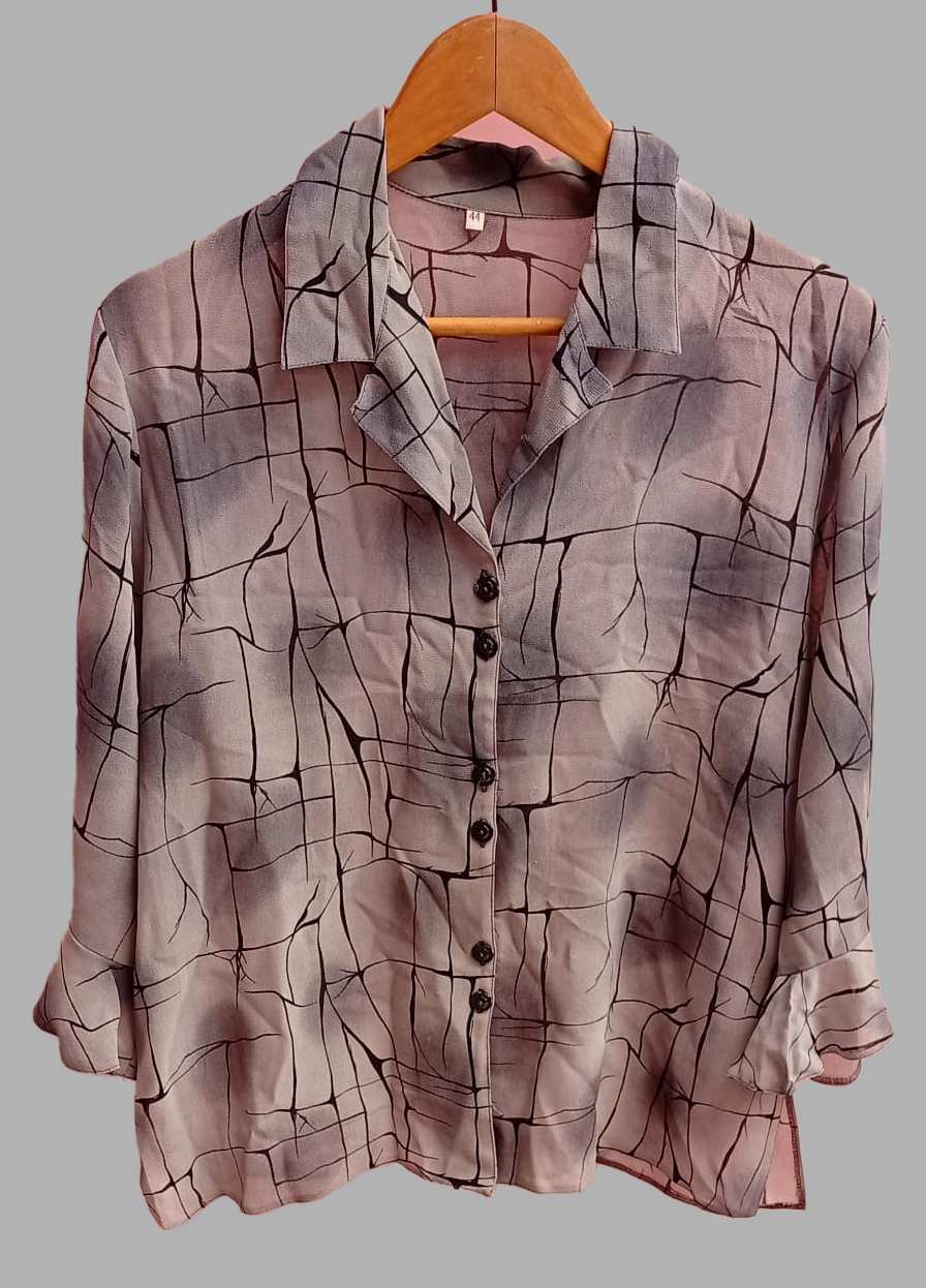 Elegant Grey Abstract Print Button-Down Shirt for Women