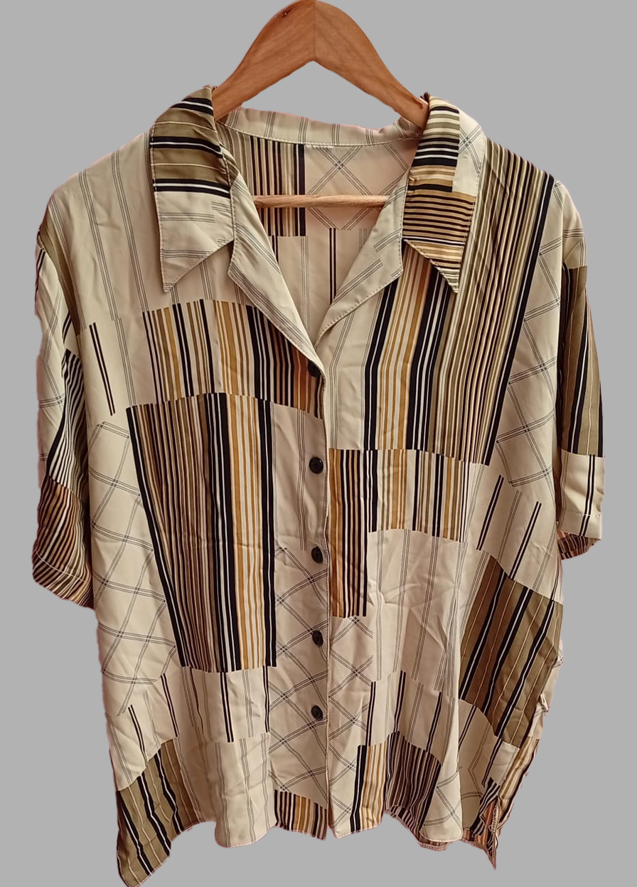 Ladies Casual Striped Patchwork Shirt – Relaxed Fit, Short Sleeve