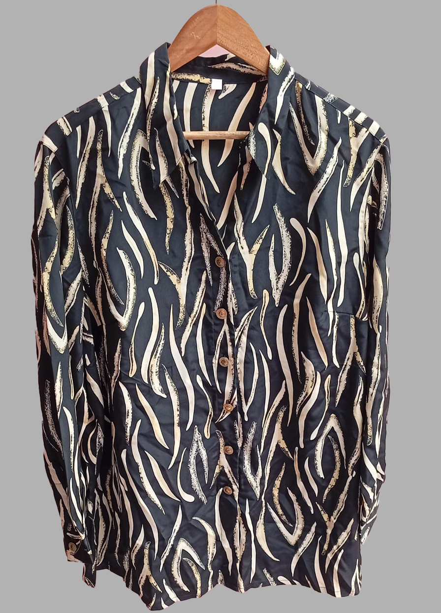 Ladies Black Abstract Printed Shirt – Long Sleeve, Button Down