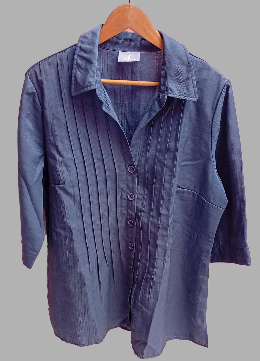 Elegant Pleated Button-Down Shirt – Navy Blue
