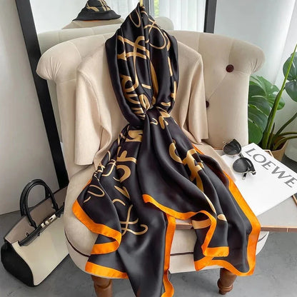 Women's Fashion Letter Plaid Satin Printing Silk Scarves My Store